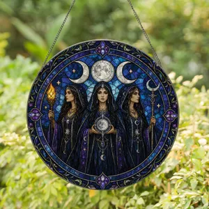 Triple Moon Priestesses Gothic Witch Window Accent for Pagan Home Shrine Display Art Stained Glass Suncatcher