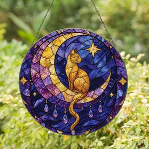 Cat On Crescent Moon Memorial Window Decor For Boho Home, Cat Lovers, Sympathy Gift Stained Glass Suncatcher