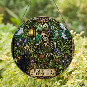 Haunted Greenhouse Skeleton Cat Gothic Halloween Window Decor for Witchy Home Fans Stained Glass Suncatcher
