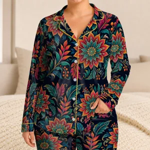 Jewel Tone Botanical Mandalas For Relaxed Evenings And Colorful At-Home Lounge Style Satin Pajamas Set