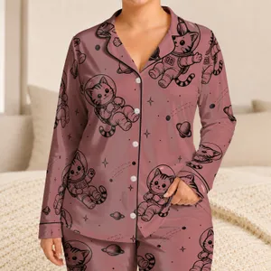 Whimsical Space Cat Astronauts For Cozy Bedtime, Lounging And Relaxing Nights For Women Satin Pajamas Set