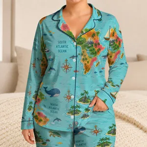 Whimsical Atlantic Ocean Map With Whale Dolphins and Boats for Beach Travel Lovers Satin Pajamas Set