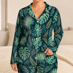 Teal Tropical Monstera Palm Leaves For Resort Sleepwear And Vacation Lounging Satin Pajamas Set