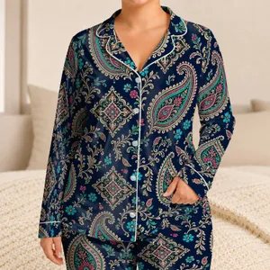 Bohemian Paisley Floral Midnight Navy Sleepwear For Relaxing Nights And Travel Home Satin Pajamas Set