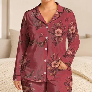 Vintage Boho Wildflower Rose Botanical Motifs for Cozy Relaxed At-Home Weekend Evenings Satin Pajamas Set