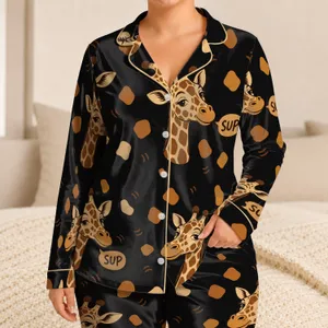 Sleepy Giraffe Sup Motifs for Couples Valentine’s Day Lounging and Safari Fans Satin Pajamas Set