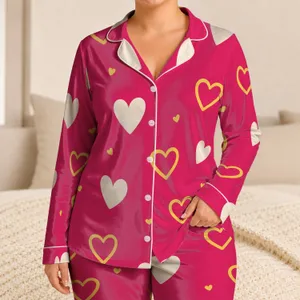 Raspberry Pink Ivory And Gold Hearts for Valentine’s Day Cozy Lounging Gifts for Women Satin Pajamas Set