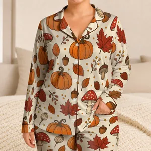 Autumn Pumpkin Mushroom And Leaf Motifs for Cozy Fall Nights and Weekend Lounging Satin Pajamas Set