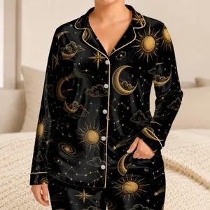 Antique Gold Celestial Moon Star Galaxy Night Sky For Cozy Sleep And Relaxing Evenings Satin Pajamas Set