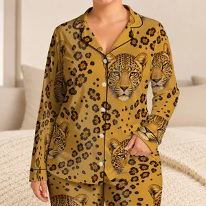 Golden Leopard Heads And Rosettes For Relaxing Evenings And Wildcat Lovers Gift Idea Satin Pajamas Set