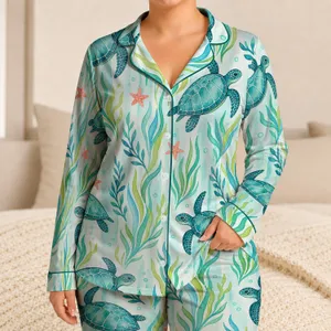 Watercolor Sea Turtle Kelp And Starfish Ocean Motifs For Tropical Vacation Women Satin Pajamas Set
