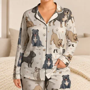 Colorful Bully Breed Dogs With Paw Prints For Cozy Dog Mom Home Lounging And Gifting Satin Pajamas Set