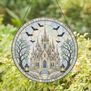 Gothic Haunted Castle Silhouette Beneath Full Moon with Flying Bats Halloween Decor Stained Glass Suncatcher