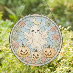 Playful Ghost Pumpkin Halloween Design For Cute Spooky Autumn Home Decor Stained Glass Suncatcher
