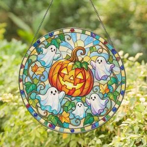 Glowing Jack O Lantern Ivy Ghosts Halloween Fall Window Decor for Autumn Home Gift Stained Glass Suncatcher