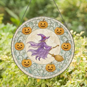 Playful Witch Flying By The Pumpkin Moon Surrounded By Jack O Lanterns Halloween Stained Glass Suncatcher