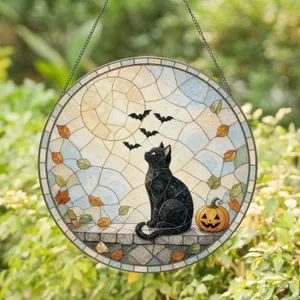 Mystical Black Cat Gazing at Full Moon Halloween Decor for Passionate Cat Lovers Stained Glass Suncatcher