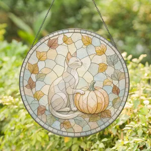 Serene Cat and Pumpkin Composition in Soft Autumn Tones for Seasonal Decor Stained Glass Suncatcher