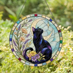 Celestial Black Cat Moon Gift for Witchy Home Decor, Birthday and Housewarming Cat Fans Stained Glass Suncatcher