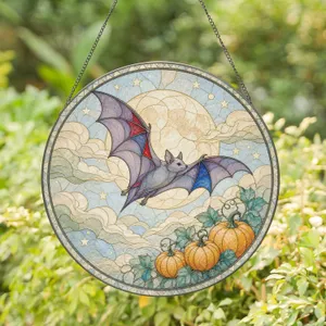 Graceful Bat Gliding Before Full Moon With Pumpkins For Halloween Decor Stained Glass Suncatcher