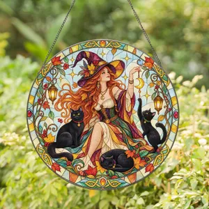 Autumn Witch and Three Black Cats for Halloween Cottagecore Home Decor Gift Idea for Lovers Stained Glass Suncatcher