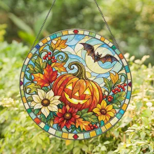 Pumpkin Moon Autumn Gathering for Halloween and Thanksgiving Cottagecore Gift Home Decor Stained Glass Suncatcher