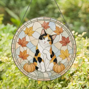 Charming Calico Cat with Autumn Pumpkins Cozy Fall Scene for Thanksgiving Decor Stained Glass Suncatcher