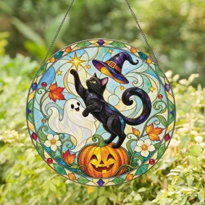 Black Cat Halloween Scene With Ghost Pumpkin For Cat Lover Autumn Home Decor Gift Stained Glass Suncatcher