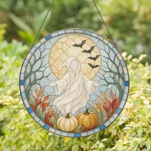 Playful Ghost Figure with Pumpkins and Moon for Halloween Night Celebration Decor Stained Glass Suncatcher