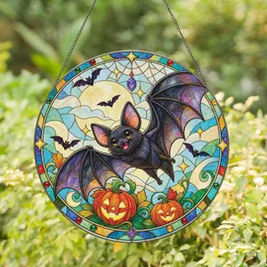 Bat and Pumpkin Halloween Decor for Witchy Homes, Seasonal Parties, and Gift Giving Stained Glass Suncatcher