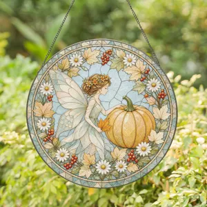 Whimsical Fairy Pumpkin Design With Maple Leaves For Thanksgiving Cottagecore Decor Stained Glass Suncatcher