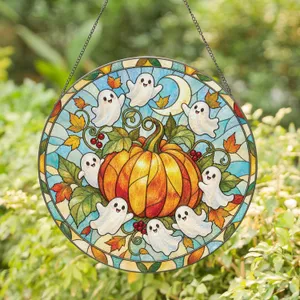 Pumpkin and Ghost Halloween Glow for Autumn Home Decor Gift for Families and Boo Lovers Stained Glass Suncatcher
