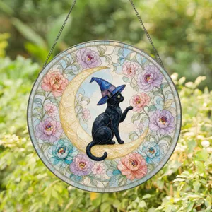 Black Cat On Floral Crescent Moon Witchy Decor For Cat Lovers Stained Glass Suncatcher