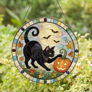 Black Cat Pumpkin Moon Halloween Decor For Cat Lovers Autumn Gift Home Accent Collection Stained Glass Suncatcher