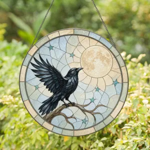Elegant Raven Perched Before a Glowing Full Moon for Magical Gothic Home Decor Stained Glass Suncatcher