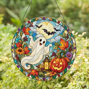 Cheerful Ghost Pumpkin And Moon Halloween Decor For Cozy Autumn Windows And Porches Stained Glass Suncatcher