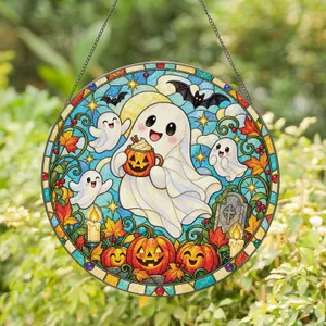 Cute Ghost with Pumpkin Mug for Cozy Halloween Fall Decor Gift for Autumn Lovers Stained Glass Suncatcher