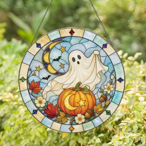 Ghost Pumpkin Moon Scene for Cozy Autumn Decor and Halloween Housewarming Home Gifts Stained Glass Suncatcher