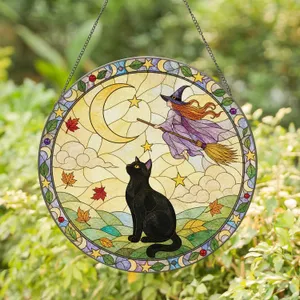 Black Cat Witch Under Crescent Moon For Halloween Home Decor And Cozy Autumn Nights Stained Glass Suncatcher