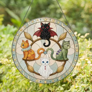 Four Costumed Cats Vampire Ghost Clown Halloween Circle Decor Stained Glass Suncatcher