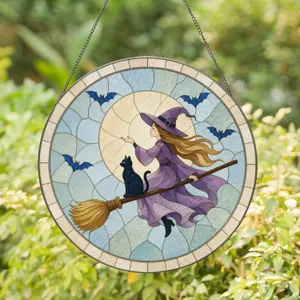 Witch on Broomstick with Black Cat and Moon Spooky Fall Halloween Decor Stained Glass Suncatcher