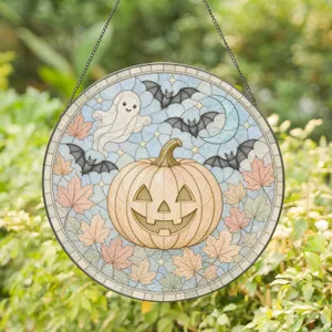 Charming Jack-O-Lantern Pumpkin with Ghost Bats Moon Spooky Halloween Fall Accent Stained Glass Suncatcher