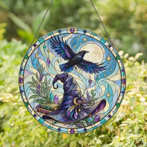 Celestial Witch Hat And Raven Decor For Halloween Gifts And Mystical Home Decor Lovers Stained Glass Suncatcher