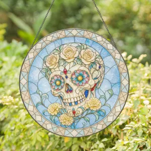 Vibrant Floral Sugar Skull for Annual Dia de los Muertos Cultural Celebration Stained Glass Suncatcher