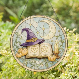 Mystical Witch Hat Over Open Spell Book Pumpkins Crescent Moon Halloween Decor Stained Glass Suncatcher