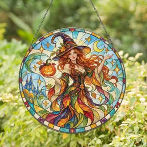 Halloween Witch With Jack-O'-Lantern for Spooky Autumn Home Decor and Fall Celebrations Stained Glass Suncatcher