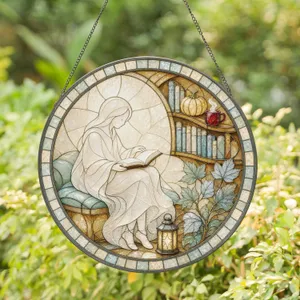 Ghost Reading in Cozy Autumn Library for Halloween Book Lover Fall Reading Nook Stained Glass Suncatcher