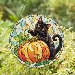Black Cat Pumpkin Halloween Decor for Cozy Autumn Homes and Thoughtful Cat Lovers Stained Glass Suncatcher