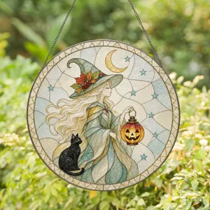 Whimsical Autumn Witch with Glowing Pumpkin Lantern and Black Cat for Halloween Stained Glass Suncatcher