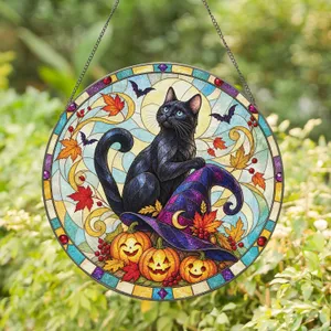 Black Cat Witch Hat and Pumpkins for Halloween Porch and Autumn Home Decor Lovers Stained Glass Suncatcher